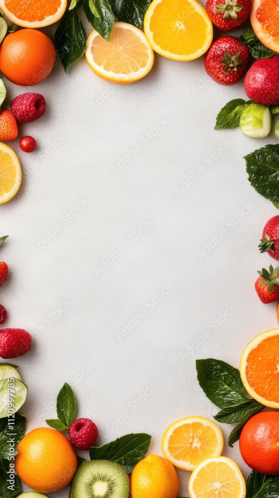 Fresh Fruits and Herbs Displayed Creatively on a Light Background for Healthy Lifestyle Concepts Fresh Fruits and Herbs Displayed Creatively on a Light Background for Healthy Lifestyle Concepts