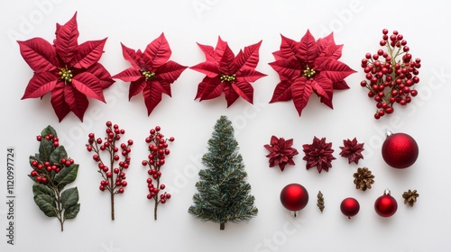 Christmas decoration frame with red poinsettia flowers, christmas tree branch, red berries, and baubles on white background, top view flat lay with space for text

 photo