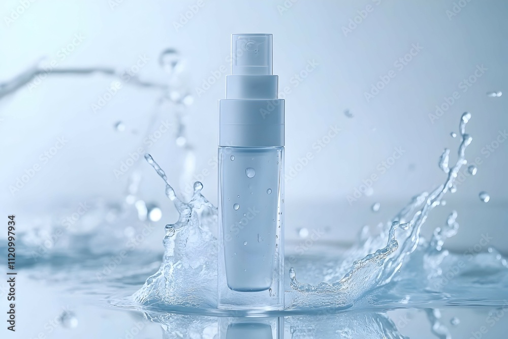 White spray bottle in water splash. White spray bottle in water splash.