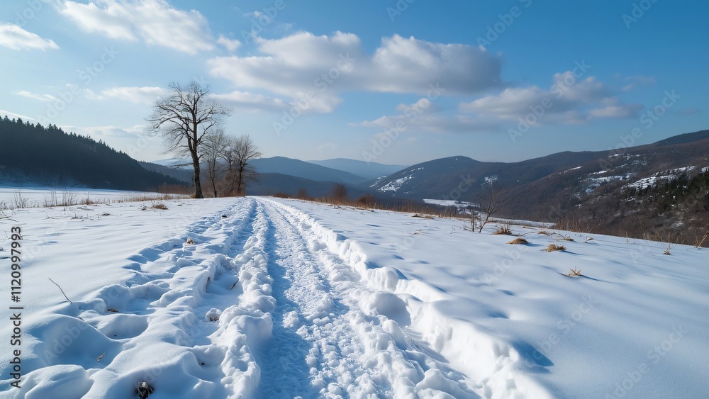 Serene Snow-Covered Trail in France, Winter Landscape Photography, Footprints in the Snow Leading to a Forest and Rolling Hills under a Blue Sky Serene Snow-Covered Trail in France, Winter Landscape Photography, Footprints in the Snow Leading to a Forest and Rolling Hills under a Blue Sky