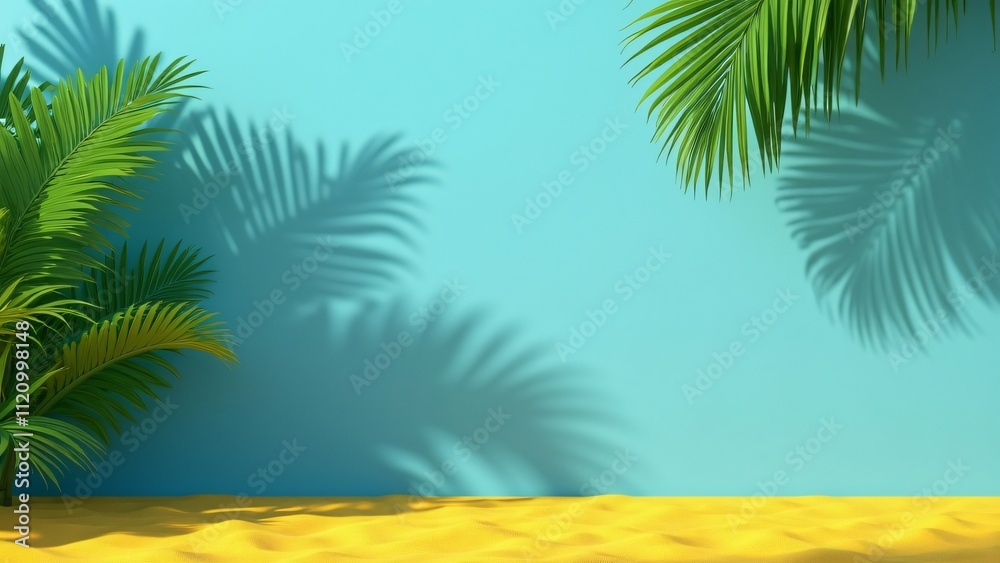 Obraz premium 3D Render, Minimalist Summer Product Presentation Mockup with Tropical Leaves, Yellow Sand, and Palm Tree Shadow on Blue Background