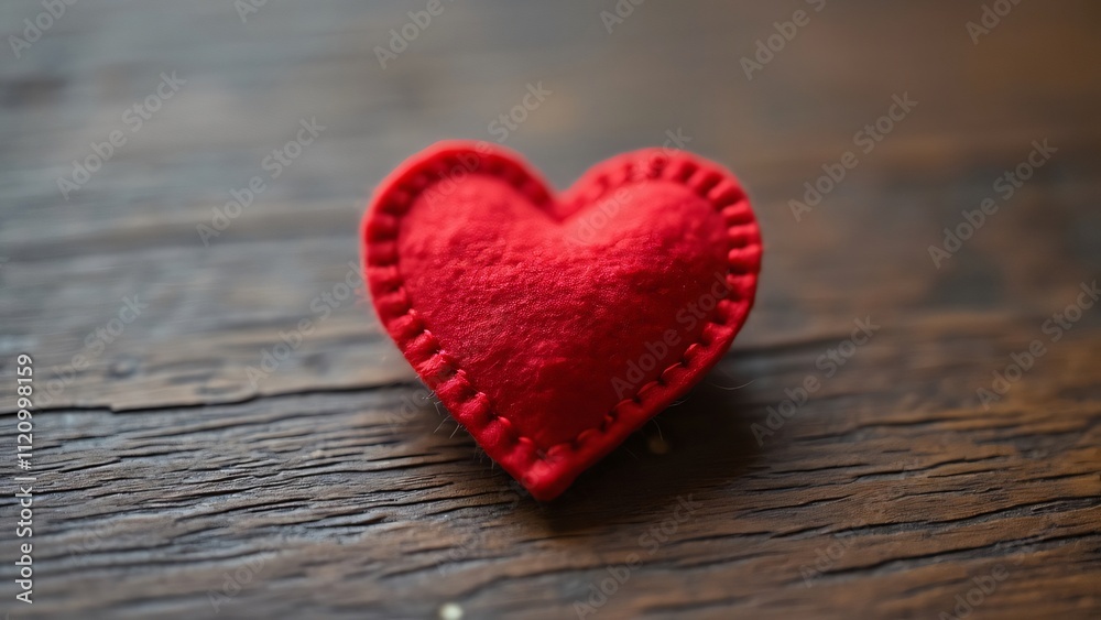 Close-up of a Red Felt Heart Pin on Rustic Wooden Table, Romantic Valentine's Day Decoration, Handcrafted Love Symbol Close-up of a Red Felt Heart Pin on Rustic Wooden Table, Romantic Valentine's Day Decoration, Handcrafted Love Symbol