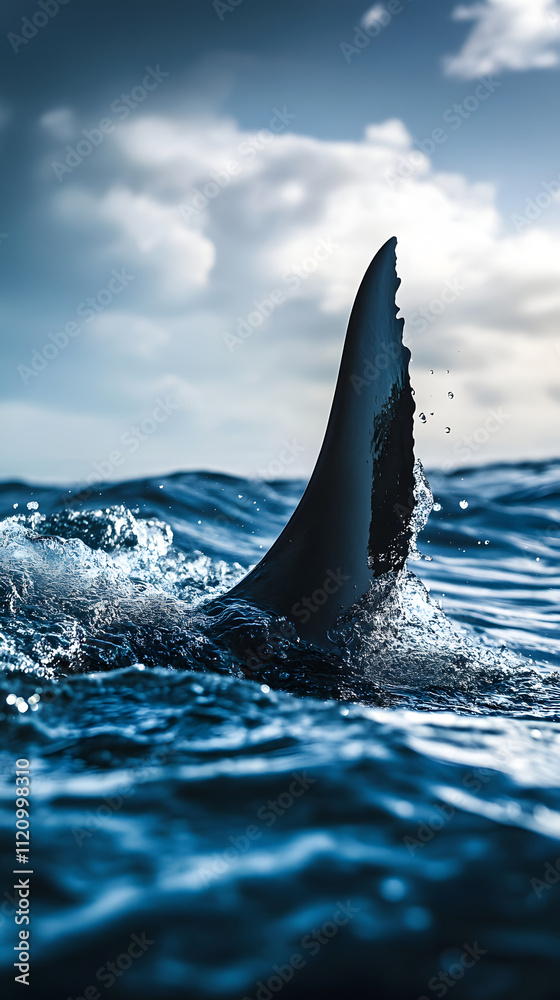 Fototapeta premium A shark fin emerges from ocean waves under a dramatic sky.