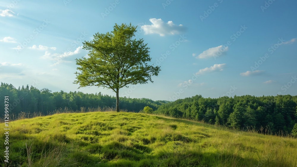 Obraz premium Serene Summer Landscape, Single Tree atop Grassy Hill, Forest and Blue Sky Background