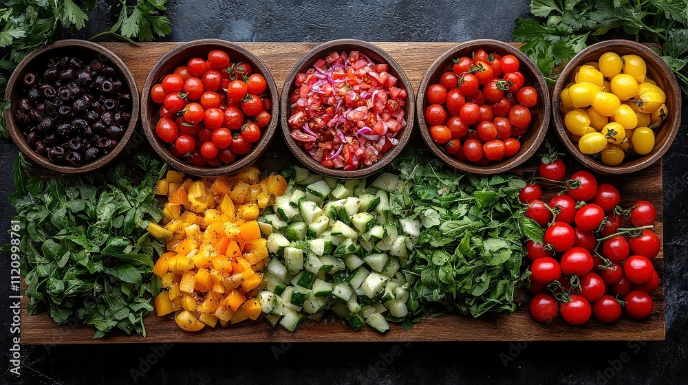 Fresh and Colorful Vegetable Display on Wooden Board with Bowls of Cherry Tomatoes, Chopped Cucumbers, and Olives for Healthy Meal Preparation or Recipe Inspiration Fresh and Colorful Vegetable Display on Wooden Board with Bowls of Cherry Tomatoes, Chopped Cucumbers, and Olives for Healthy Meal Preparation or Recipe Inspiration
