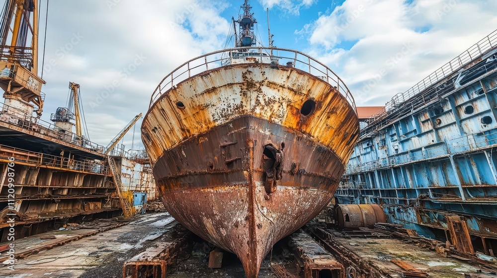 A rusty ship in a dry dock, showcasing industrial decay and abandonment. A rusty ship in a dry dock, showcasing industrial decay and abandonment.