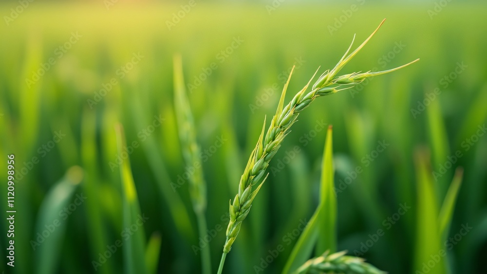 Close-up of Rice Grain in Lush Green Paddy Field, High-Resolution Macro Photography