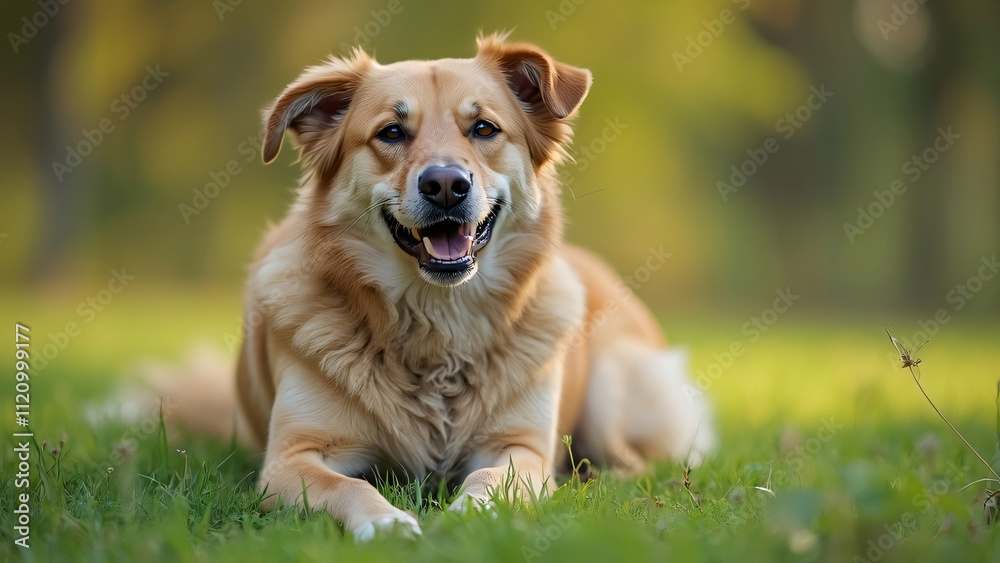 Happy Mixed Breed Dog Lying in Grass, Smiling at Camera - Full Body Shot Happy Mixed Breed Dog Lying in Grass, Smiling at Camera - Full Body Shot