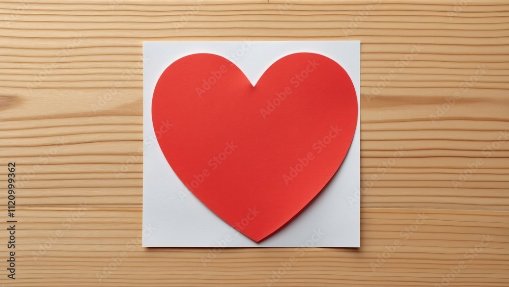Minimalist Red Heart Paper Sticker on Wooden Table, Valentine's Day, Love, Romance Concept Minimalist Red Heart Paper Sticker on Wooden Table, Valentine's Day, Love, Romance Concept