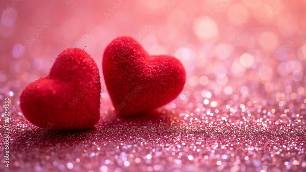 Two Red Velvet Hearts on Pink Glitter, Romantic Valentine's Day Background Two Red Velvet Hearts on Pink Glitter, Romantic Valentine's Day Background