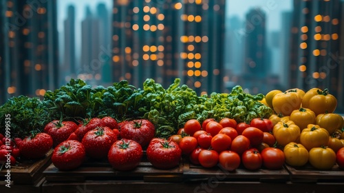 Fresh and Vibrant Vegetables Displayed Against a City Skyline, Showcasing Tomatoes, Radishes, and Greens with a Beautiful Urban Backdrop at Dusk