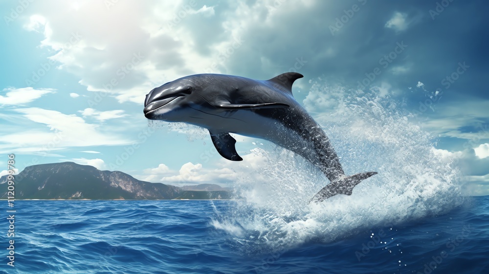 Fototapeta premium Dolphin leaping from ocean, sunny day.