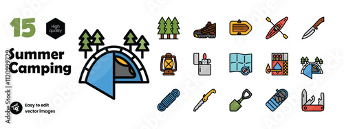 Summer Camping icon set. Summer camp filled outline icon. Vector illustration, outline and filled vector sign. Tourism symbol, logo illustration. Vector graphics