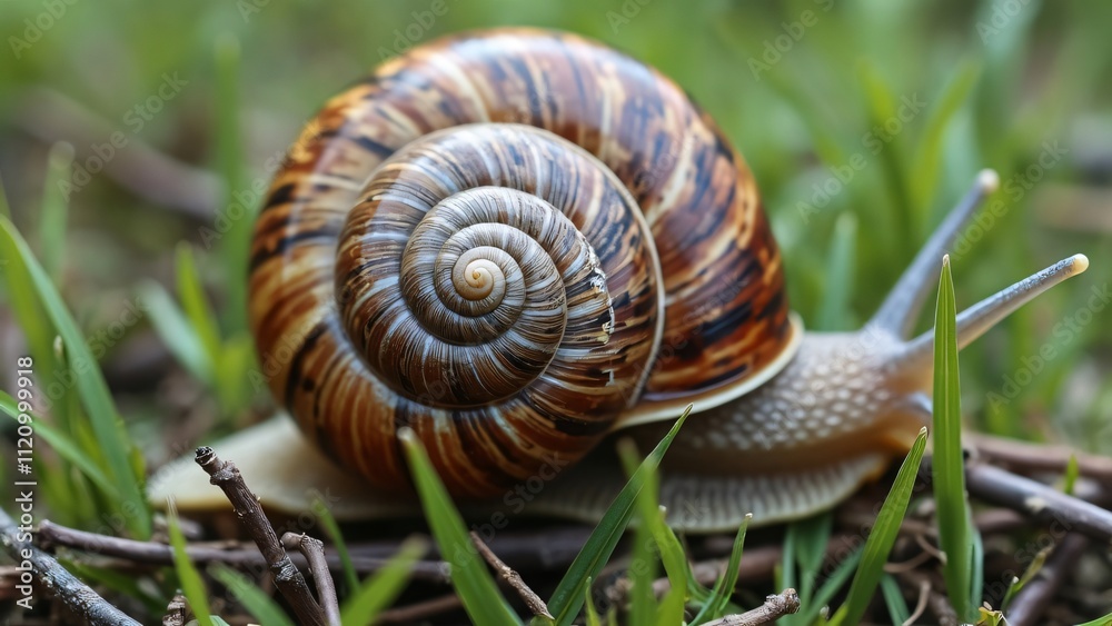 Macro Photography of Snail Shell, Spiral Details in Green Grass and Twigs Macro Photography of Snail Shell, Spiral Details in Green Grass and Twigs
