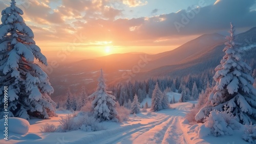 Breathtaking Sunrise Over Snow-Covered Eastern European Mountains, Serene Winter Landscape Photography photo