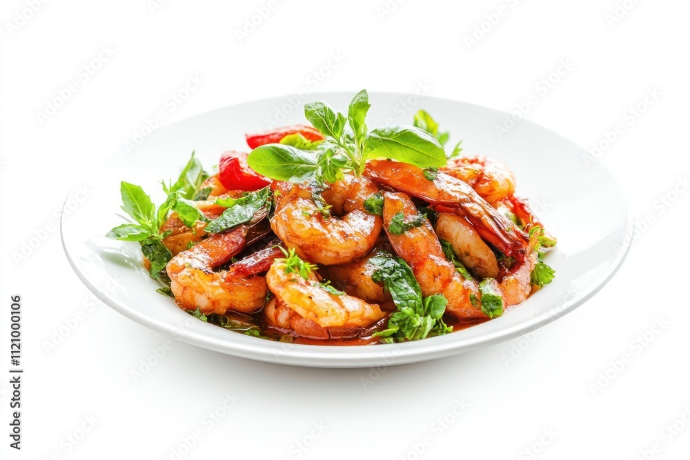 Sauteed Shrimp Dish with Basil and Red Pepper Garnish Sauteed Shrimp Dish with Basil and Red Pepper Garnish