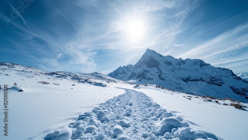 Snowy Mountain Path, Sunlit Winter Wonderland, Wide Angle View of Serene Snow Covered Trail Leading to Majestic Peak