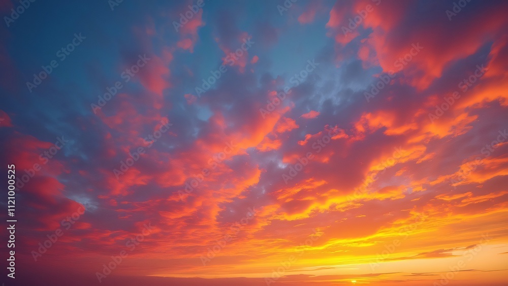 Vibrant Sunset Sky, Panoramic View of Red, Orange, and Blue Cloudscape, Beautiful Nature Background Image Vibrant Sunset Sky, Panoramic View of Red, Orange, and Blue Cloudscape, Beautiful Nature Background Image