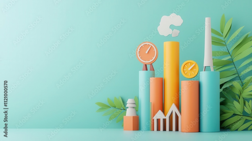 3D bar chart of PPI data with factory icons, symbolizing the impact of rising production costs on inflation 3D bar chart of PPI data with factory icons, symbolizing the impact of rising production costs on inflation