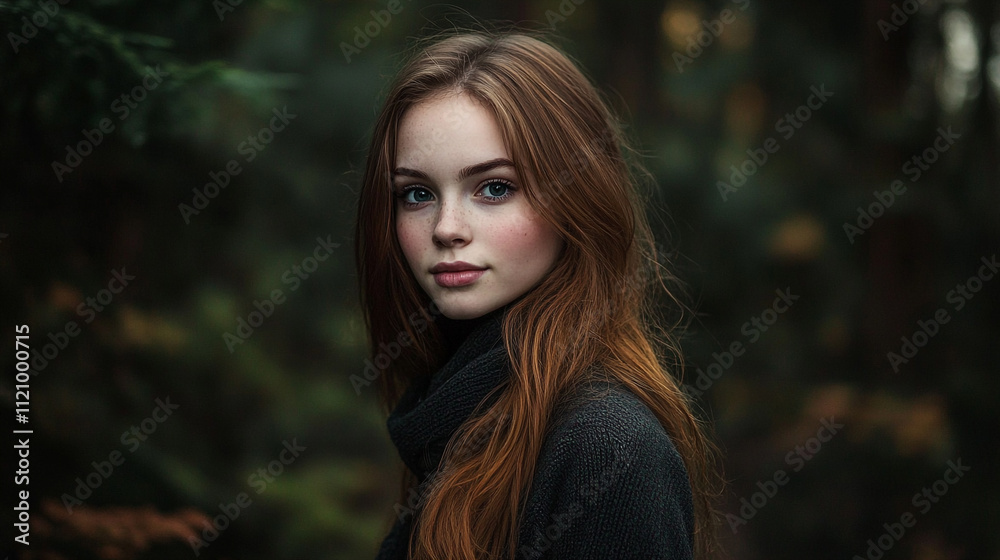 Naklejka premium Young woman with flowing red hair stands in serene forest setting during autumn hours