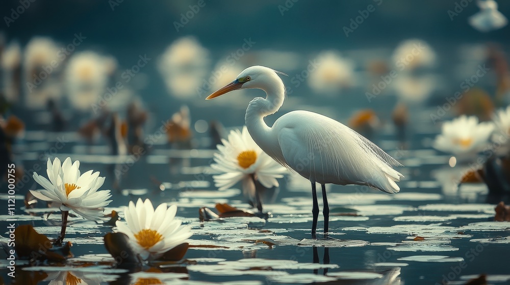 Naklejka premium Serene White Egret Amidst Lotus Flowers in Calming Pond Setting, Capturing Nature’s Beauty and Tranquility in a Picturesque Landscape Scene
