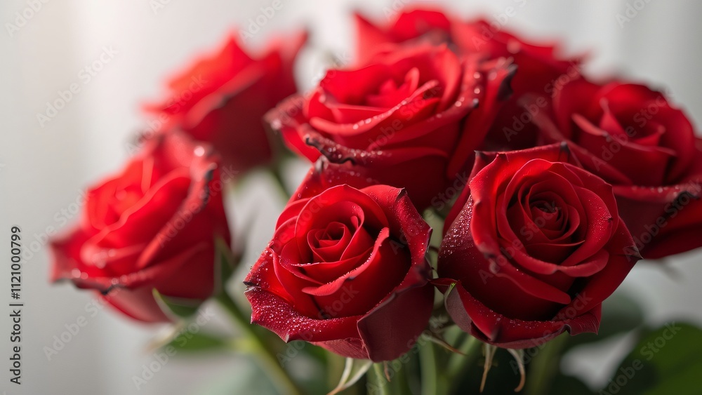 Vibrant Red Roses Bouquet, Close-up of Elegant, Delicate Petals with Dew Drops, Romantic Floral Display against White Background Vibrant Red Roses Bouquet, Close-up of Elegant, Delicate Petals with Dew Drops, Romantic Floral Display against White Background
