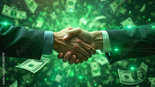 Digital Money Deal, Businessmen Handshake with Green Light Effects and Falling Dollar Bills photo