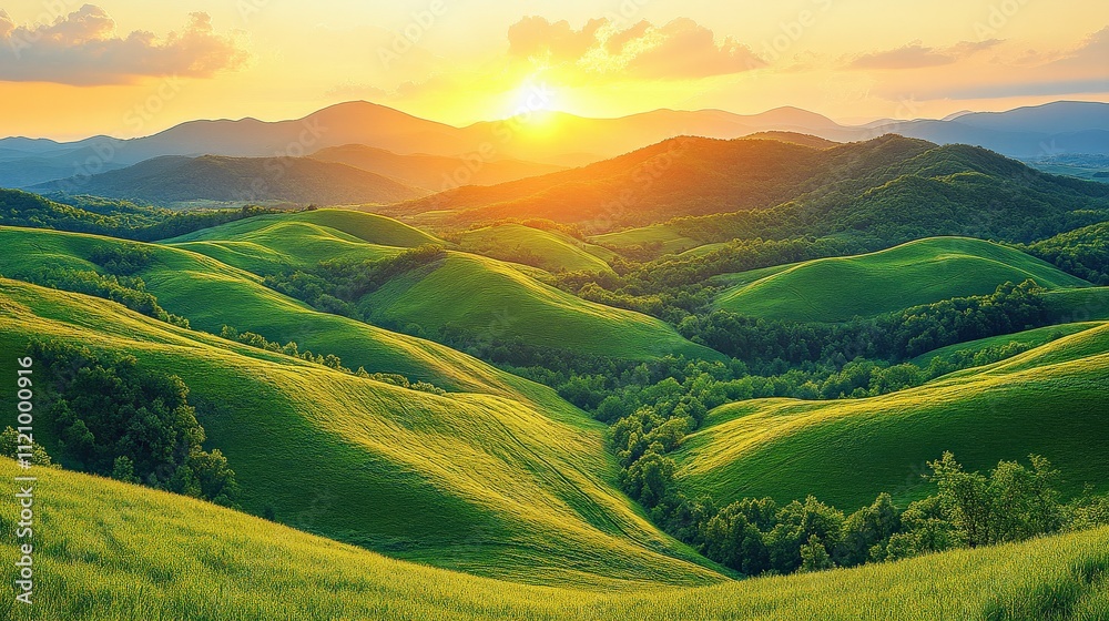 Obraz premium Scenic Sunrise Over Rolling Hills and Lush Green Landscape with Gentle Slopes, Nature's Serenity and Beauty Captured in Warm Golden Light