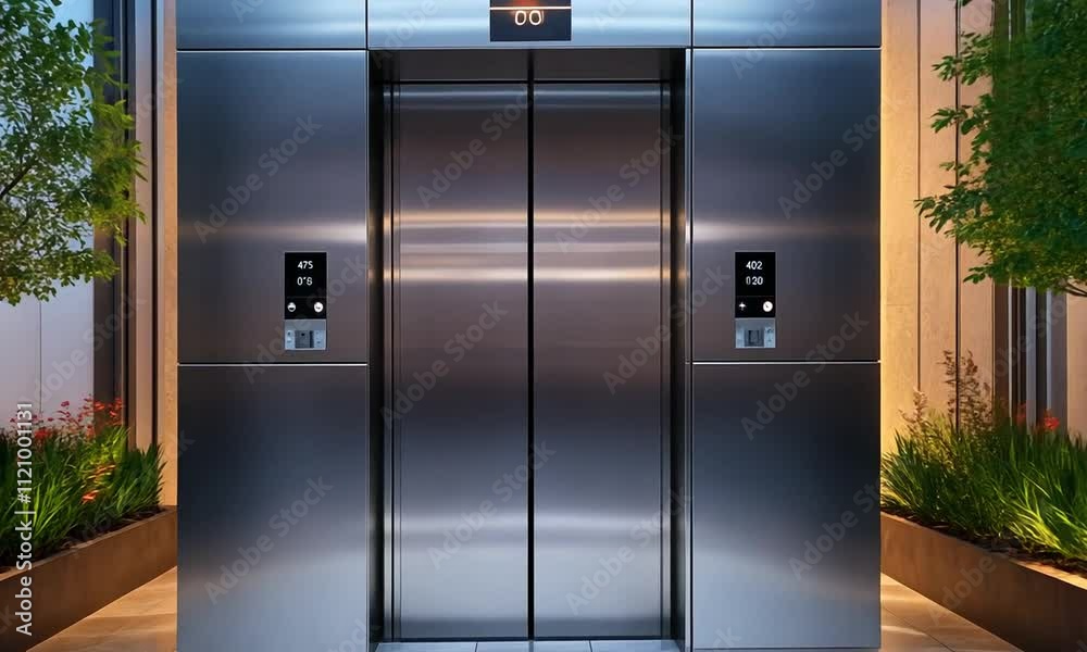 Modern elevator lobby with greenery and polished flooring.