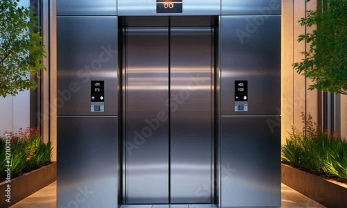 Modern elevator lobby with greenery and polished flooring.