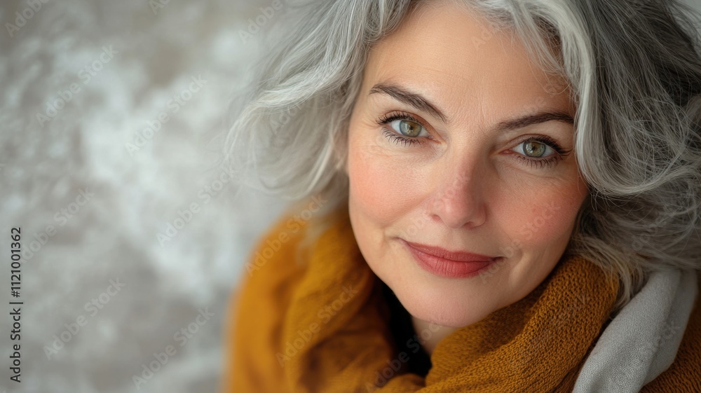 Beautiful mature woman 60s with gray hair smiling and looking away Beautiful mature woman 60s with gray hair smiling and looking away