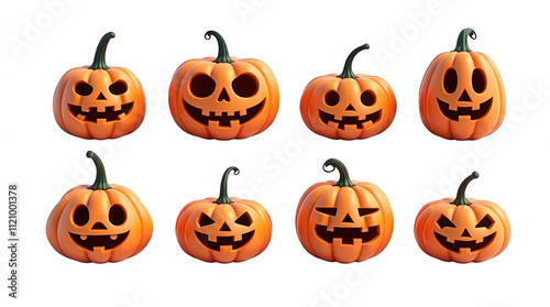 Halloween Jack-o'-Lantern Pumpkin Illustration with Various Expressions on Transparent Background, Perfect for Seasonal Design Overlays