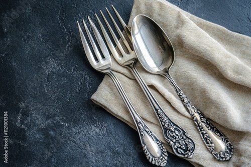 Antique silver fork and spoon set on linen. Elegant cutlery perfect for menu design, vintage or restaurant themes.