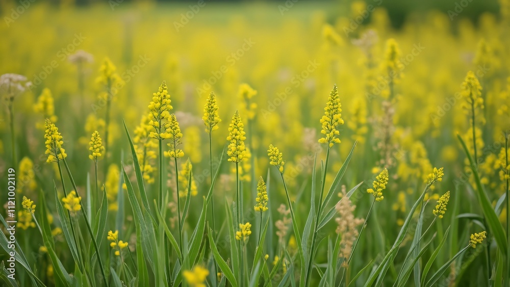 Obraz premium Vibrant Spring Meadow, Goldenrod and Grama Grass in Blooming Field