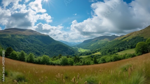 Panoramic Glendalough Valley, Ireland's Lush Green Meadows, Rolling Hills, and Majestic Mountains under a Blue Sky with Fluffy White Clouds. Serene Landscape Photography