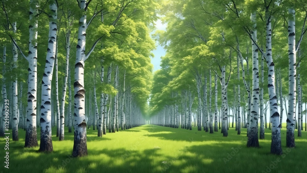Obraz premium Serene Birch Forest, Tall Trees, Lush Grass, and Tranquil Nature Scene