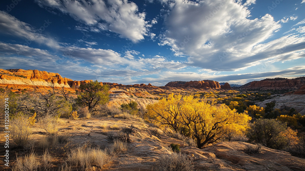 Breathtaking autumn landscape in desert terrain with dramatic sky and colorful foliage Breathtaking autumn landscape in desert terrain with dramatic sky and colorful foliage
