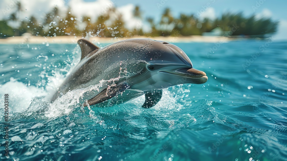 Fototapeta premium Dolphin leaping from ocean waves near tropical beach. (5)