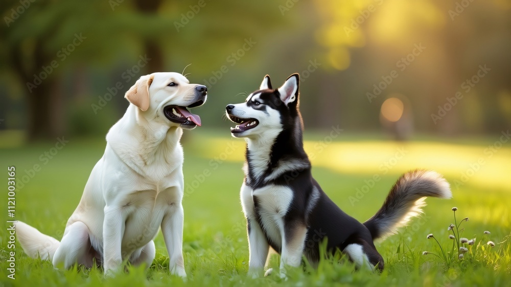 Joyful Labrador and Husky Playing in Sunny Park, Happy Dogs, Best Friends, Tail Wagging, Green Grass, Golden Hour, Smiling Canines, Purebred Dogs, Pet Friendship Joyful Labrador and Husky Playing in Sunny Park, Happy Dogs, Best Friends, Tail Wagging, Green Grass, Golden Hour, Smiling Canines, Purebred Dogs, Pet Friendship