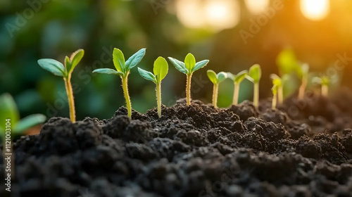 Young seedlings growing in rich soil at sunrise.