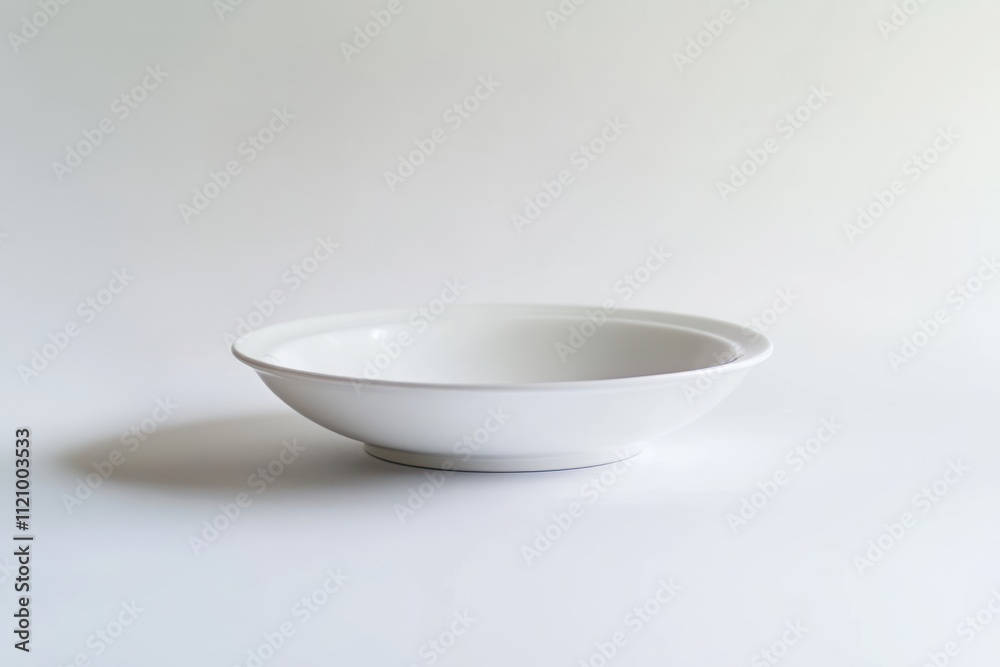 A single empty white ceramic bowl sits on a white background A single empty white ceramic bowl sits on a white background