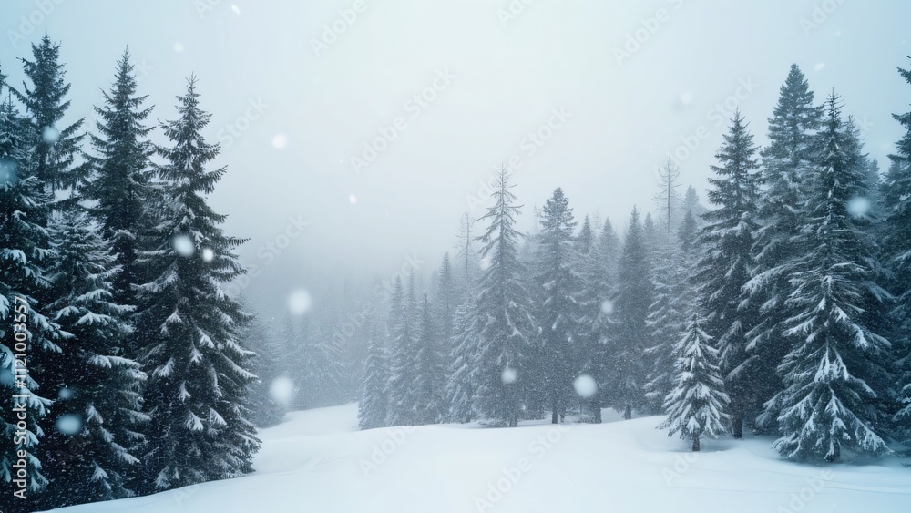 Naklejka premium Panoramic Winter Wonderland, Snow Falling on Coniferous Trees in a Forest, Heavy Snowfall, White Sky