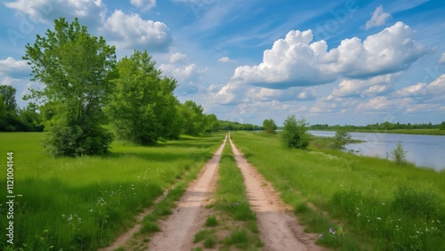 Serene Russian Countryside, Dirt Road to River, Lush Green Meadow, Summer Landscape Photography