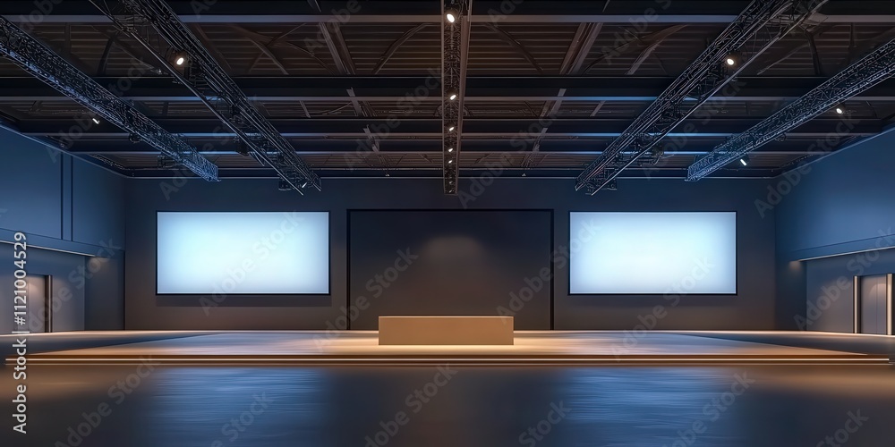 Spacious Empty Exhibition Hall with Open Ceiling and Modern Design, Ideal for Art Shows and Events, Featuring Bright Screens and Minimalist Style Spacious Empty Exhibition Hall with Open Ceiling and Modern Design, Ideal for Art Shows and Events, Featuring Bright Screens and Minimalist Style