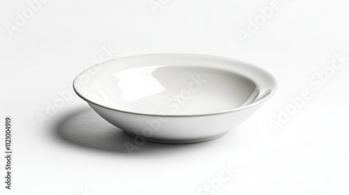 A single empty white ceramic bowl sits on a white background