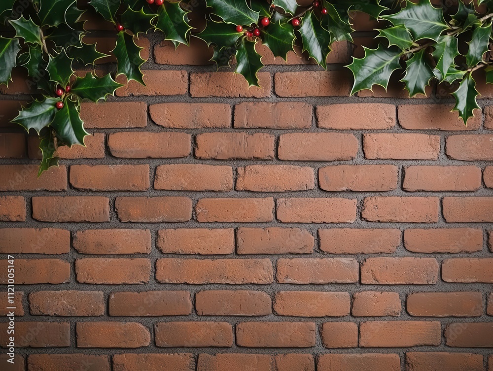 Old brick wall with worn patterns, Christmas holly leaves draped, cozy holiday atmosphere, rich textures Old brick wall with worn patterns, Christmas holly leaves draped, cozy holiday atmosphere, rich textures