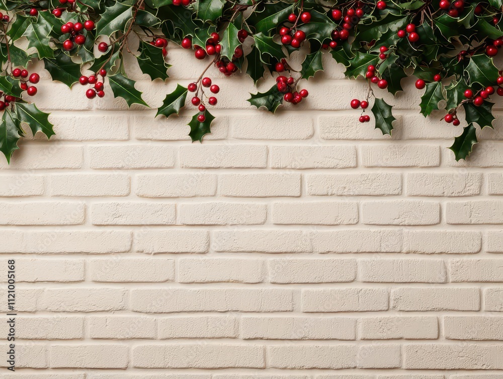 Brick wall with antique patterns, decorated with holly and berries, warm and inviting Christmas feel Brick wall with antique patterns, decorated with holly and berries, warm and inviting Christmas feel