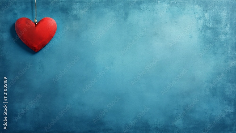 Textured Blue Background with Hanging Red Heart, Perfect for Valentine's Day Cards, Romantic Designs, and Love-Themed Projects Textured Blue Background with Hanging Red Heart, Perfect for Valentine's Day Cards, Romantic Designs, and Love-Themed Projects