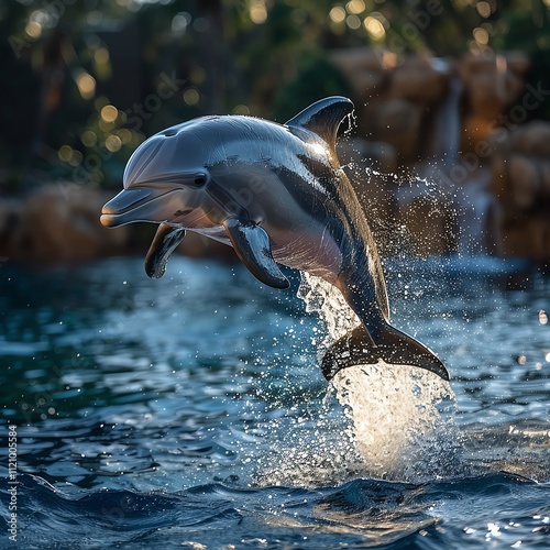 Dolphin leaping from water, backlit by golden sunlight.