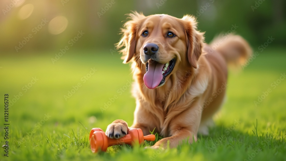 Happy Golden Retriever Puppy Playing Fetch with Toy in Sunny Green Grass - High-Resolution Photo Happy Golden Retriever Puppy Playing Fetch with Toy in Sunny Green Grass - High-Resolution Photo